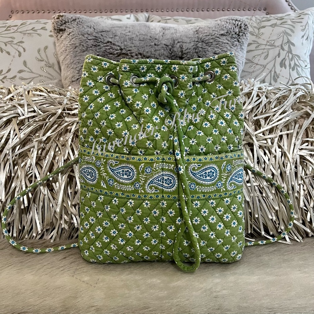 Vintage VERA BRADLEY Green Apple 2004 Drawstring 2 Pocket S Backpack Floral USA